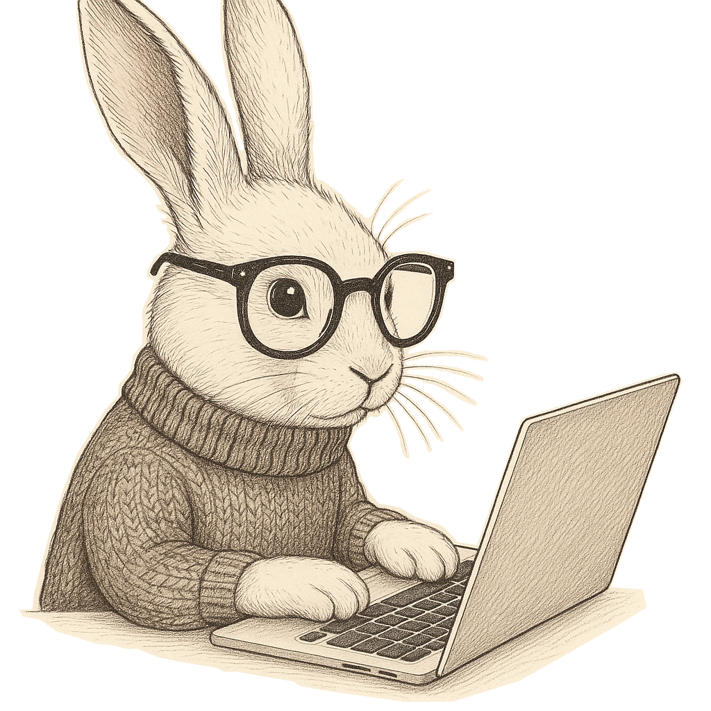 sam the rabbit typing on a laptop